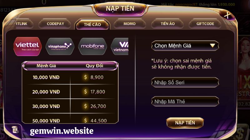nap tien gemwin huong dan nap the cao Hướng dẫn nạp tiền Gemwin bằng thẻ cào