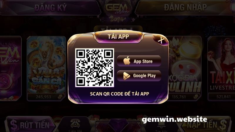 tai app GEMWIN quet ma QR Người chơi cũng có thể truy cập phần tải app trực tiếp ở trên website và quét mã QR